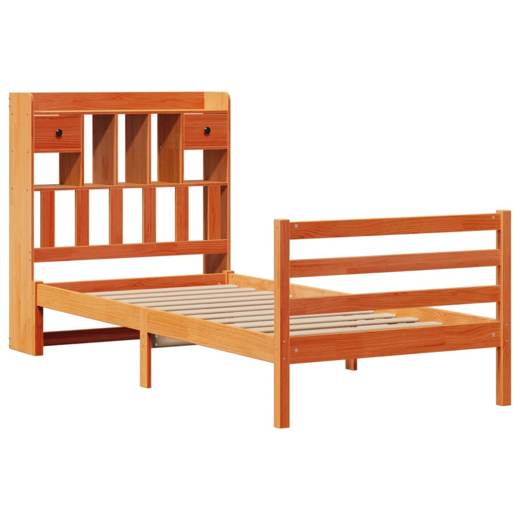 Letto Libreria senza Materasso-Struttura Letto con contenitore Marrone Cera 100x200 cm in Pino 534451