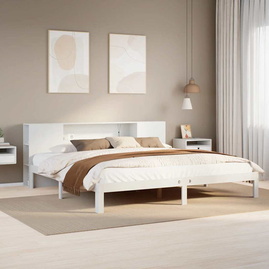 Letto Libreria senza Materasso-Struttura Letto con contenitore Bianco 200x200 cm Legno di Pino 276142