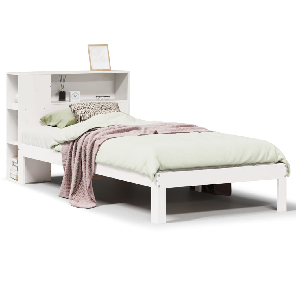 Letto Libreria senza Materasso-Struttura Letto con contenitore Bianca 90x200 cm Legno di Pino 648657
