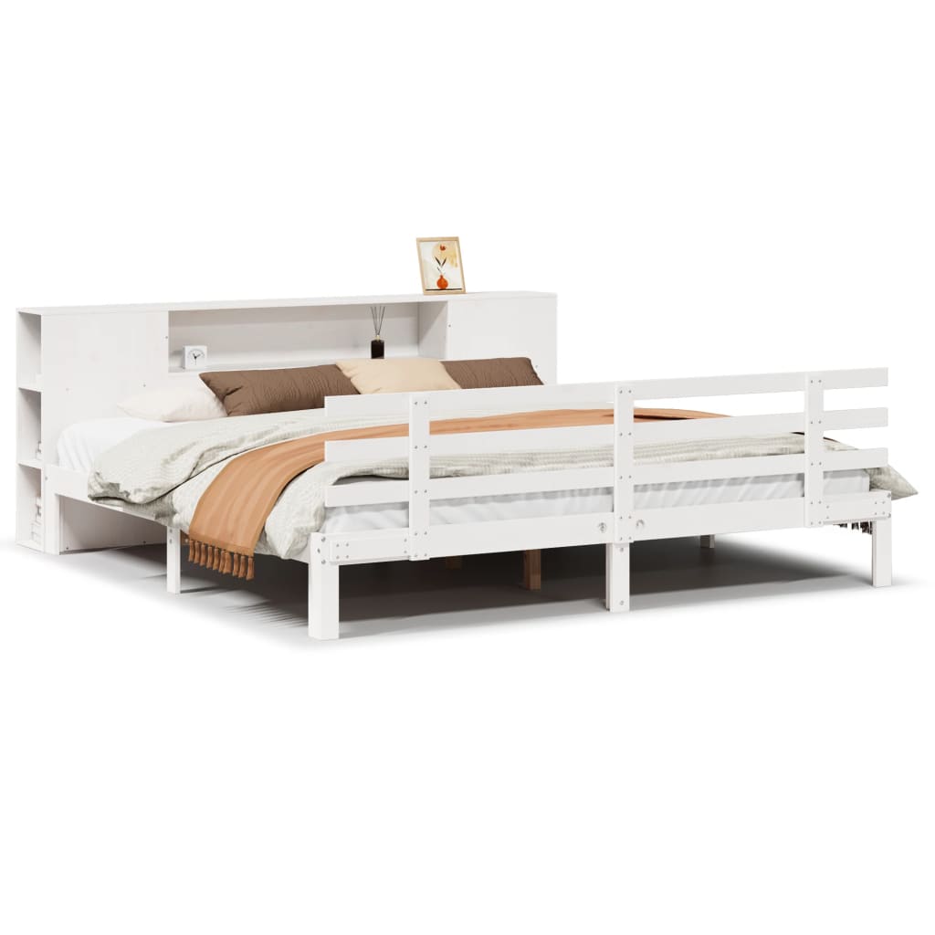 Letto Libreria senza Materasso-Struttura Letto con contenitore Bianco 200x200 cm Legno di Pino 344920