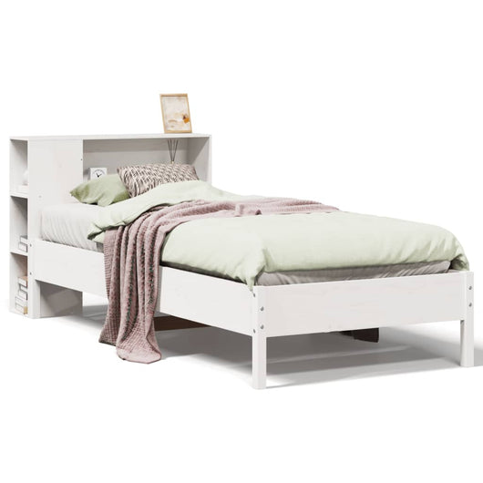 Letto Libreria senza Materasso-Struttura Letto con contenitore Bianco 90x190 cm Massello Pino 907263
