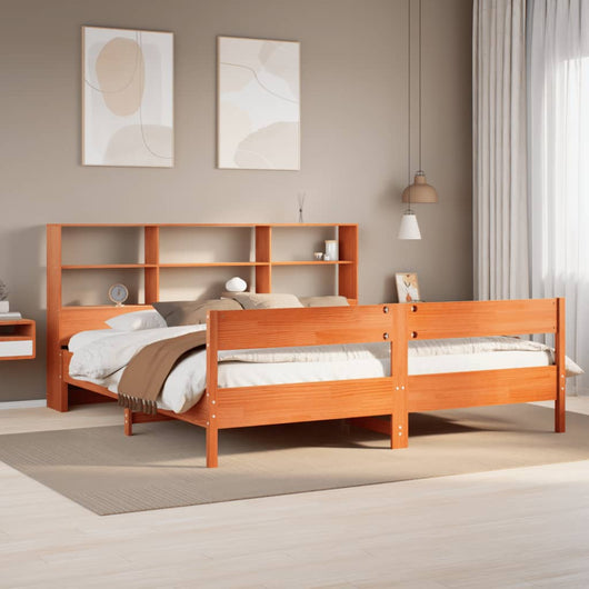 Letto Libreria senza Materasso-Struttura Letto con contenitore Marrone Cera 200x200 cm in Pino 995451