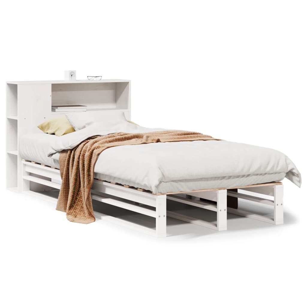 Letto Libreria senza Materasso-Struttura Letto con contenitore Bianco 90x200 cm Legno Massello