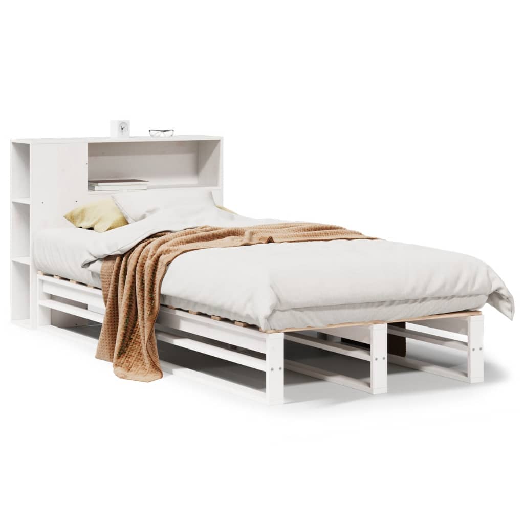 Letto Libreria senza Materasso-Struttura Letto con contenitore Bianco 90x190 cm Legno Massello