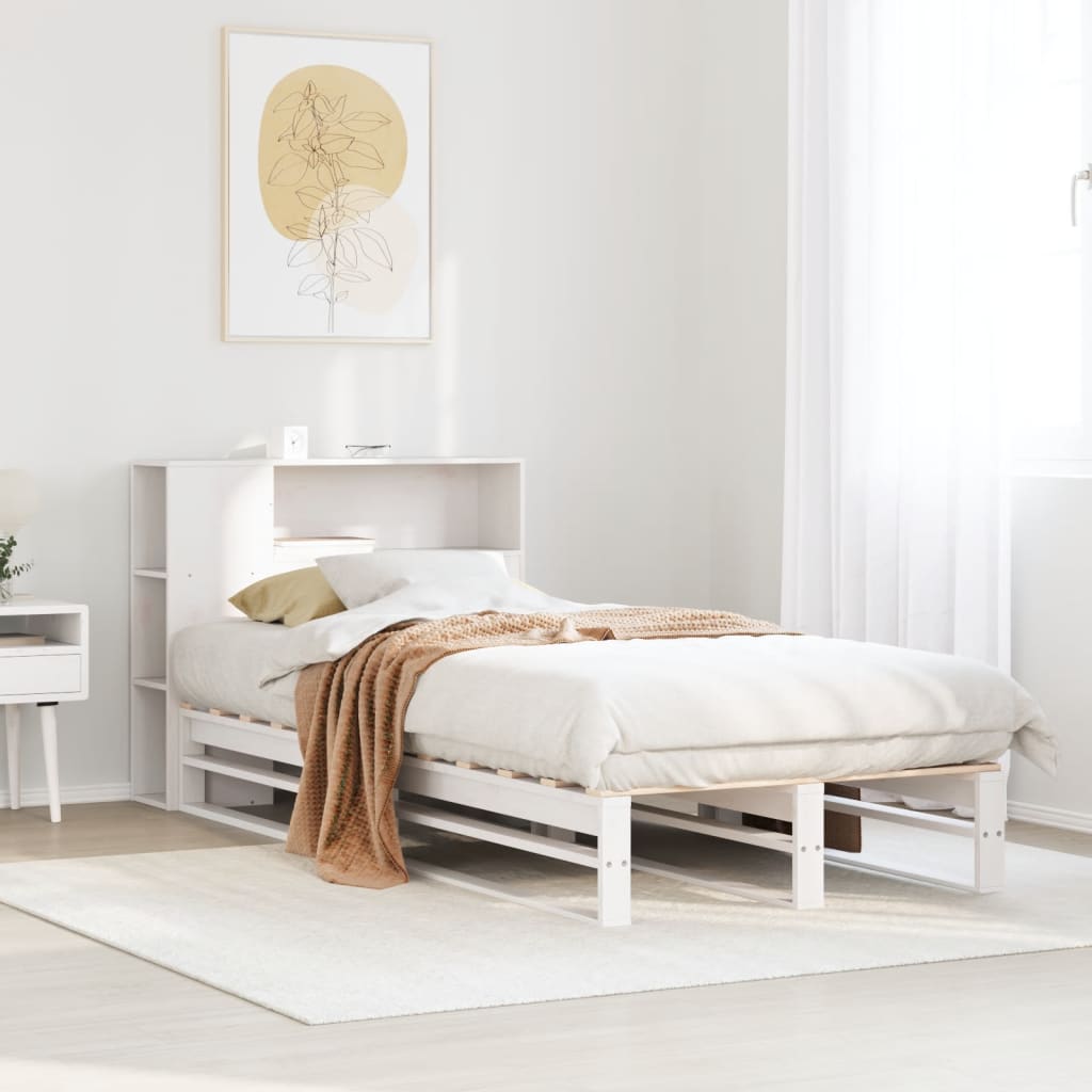 Letto Libreria senza Materasso-Struttura Letto con contenitore Bianco 90x190 cm Legno Massello