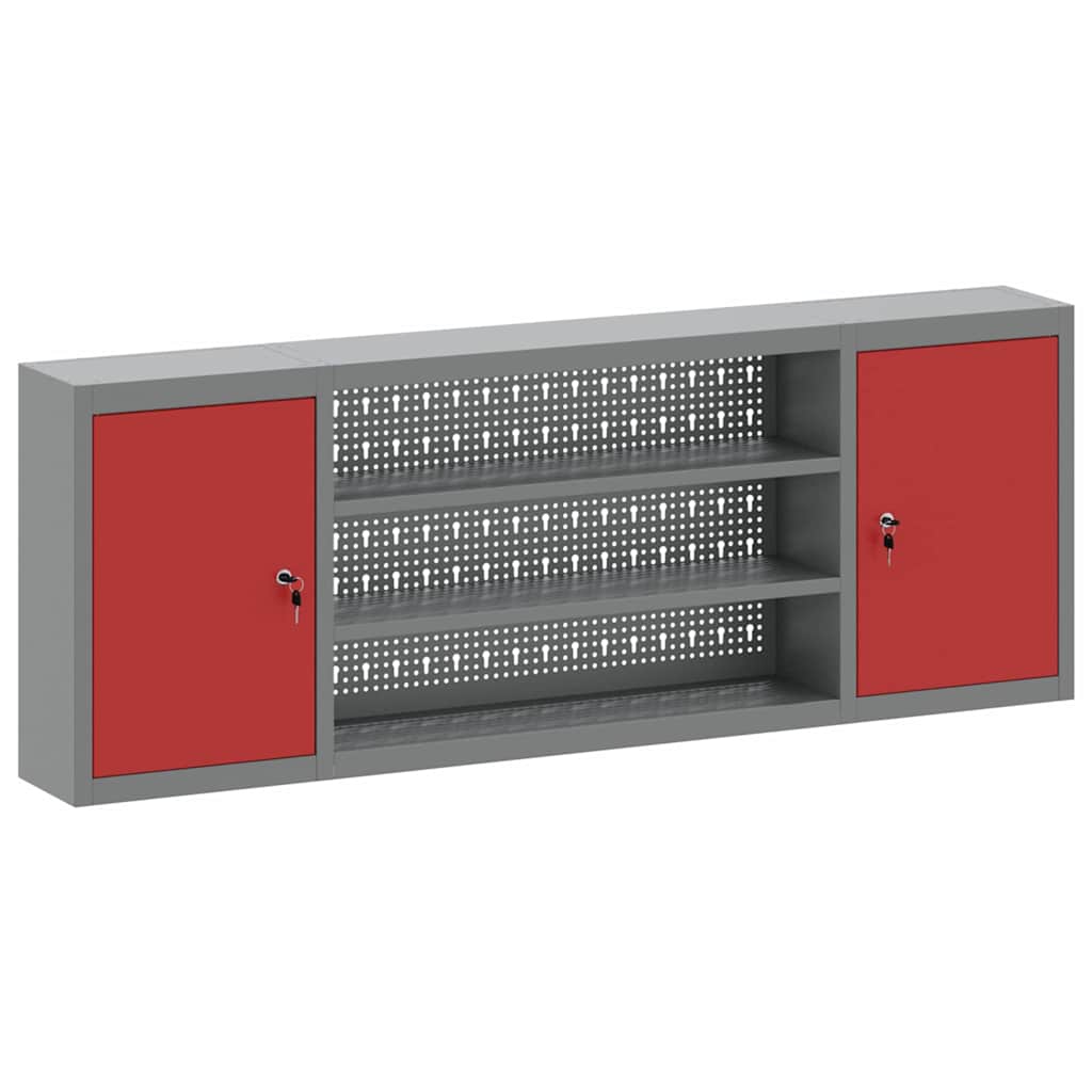 Moderno armadio portautensili industriale con ripiani 150 x 20 x 55 cm acciaio rosso 02_0058033