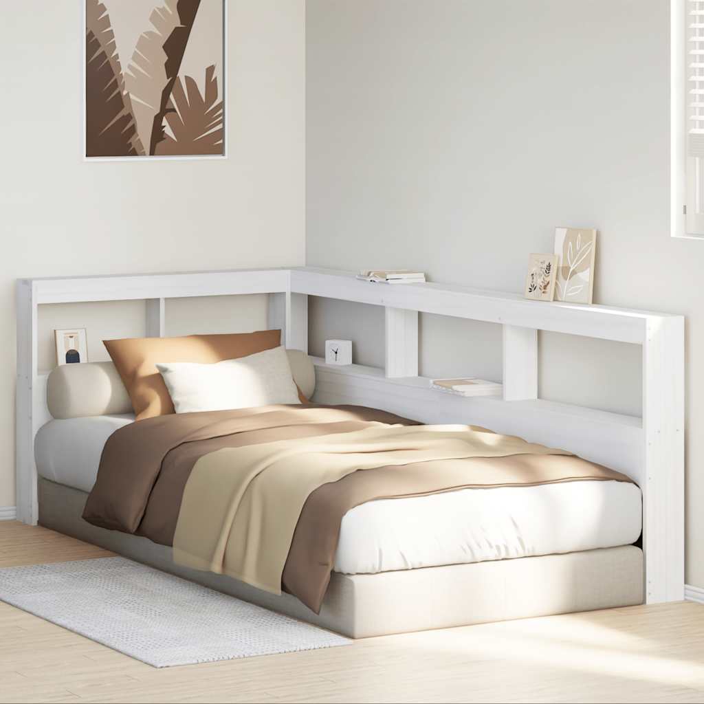 Testiera Libreria a L-Testata del letto Bianca 100 cm in Legno Massello di Pino
