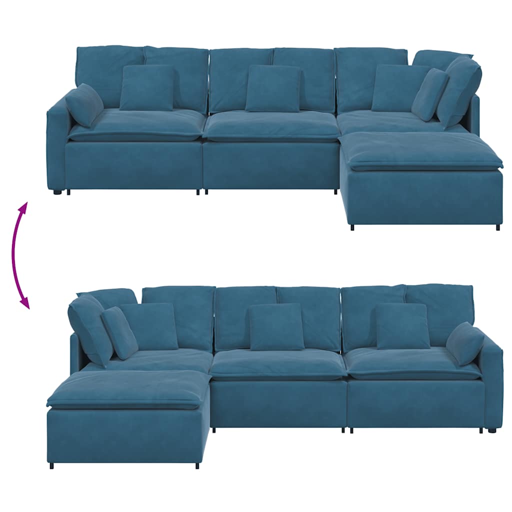 Divano Modulare con Poggiapiedi e Cuscini in Velluto Blu