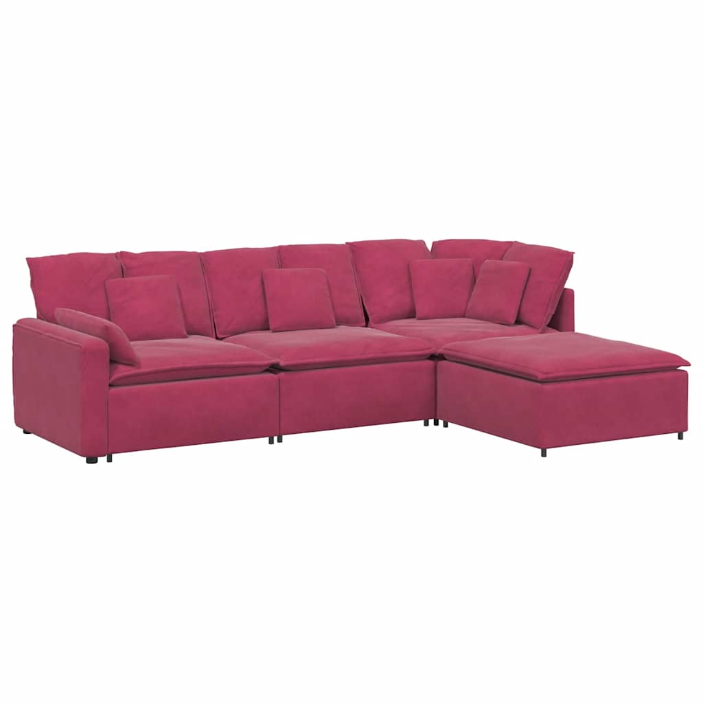 vidaXL Divano Modulare con Poggiapiedi e Cuscini in Velluto Rosso Vino