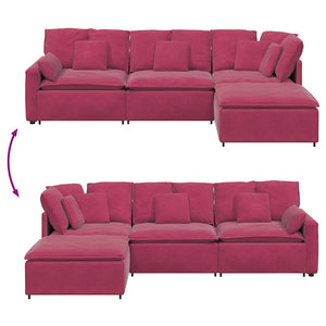 vidaXL Divano Modulare con Poggiapiedi e Cuscini in Velluto Rosso Vino