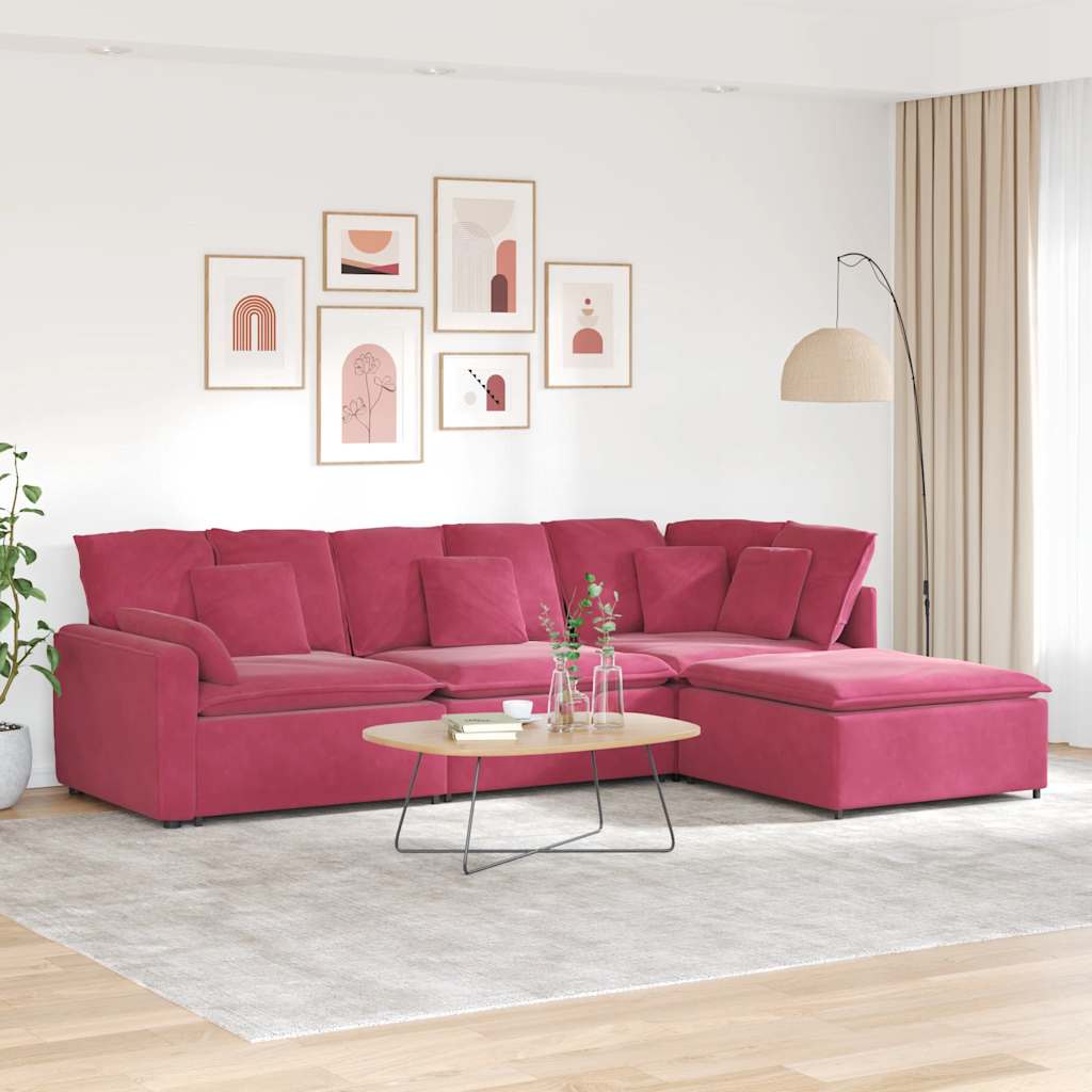 vidaXL Divano Modulare con Poggiapiedi e Cuscini in Velluto Rosso Vino