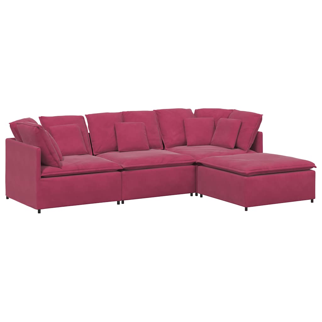 vidaXL Divano Modulare con Poggiapiedi e Cuscini in Velluto Rosso Vino
