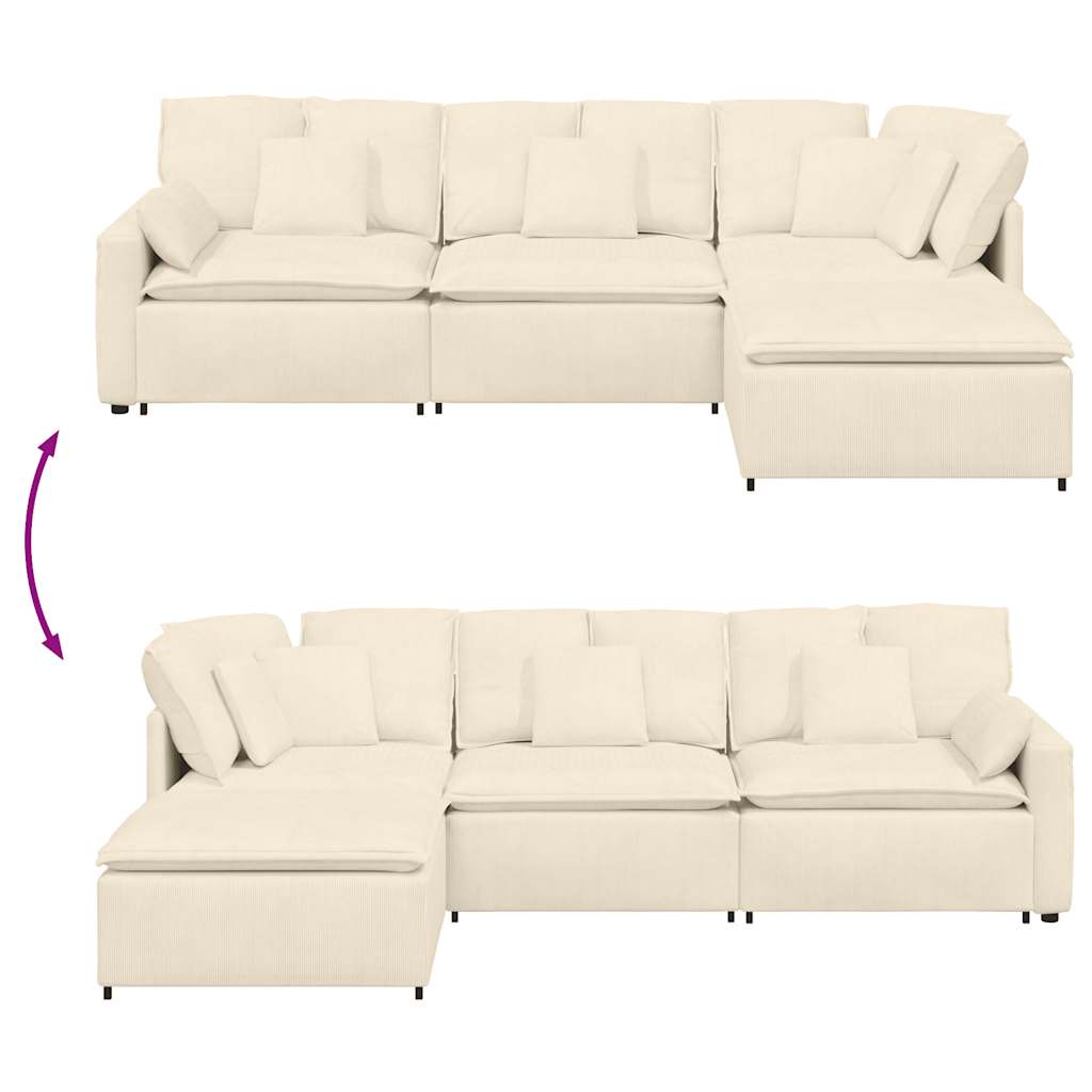 vidaXL Divano Modulare con Poggiapiedi e Cuscini Tessuto a Coste Crema