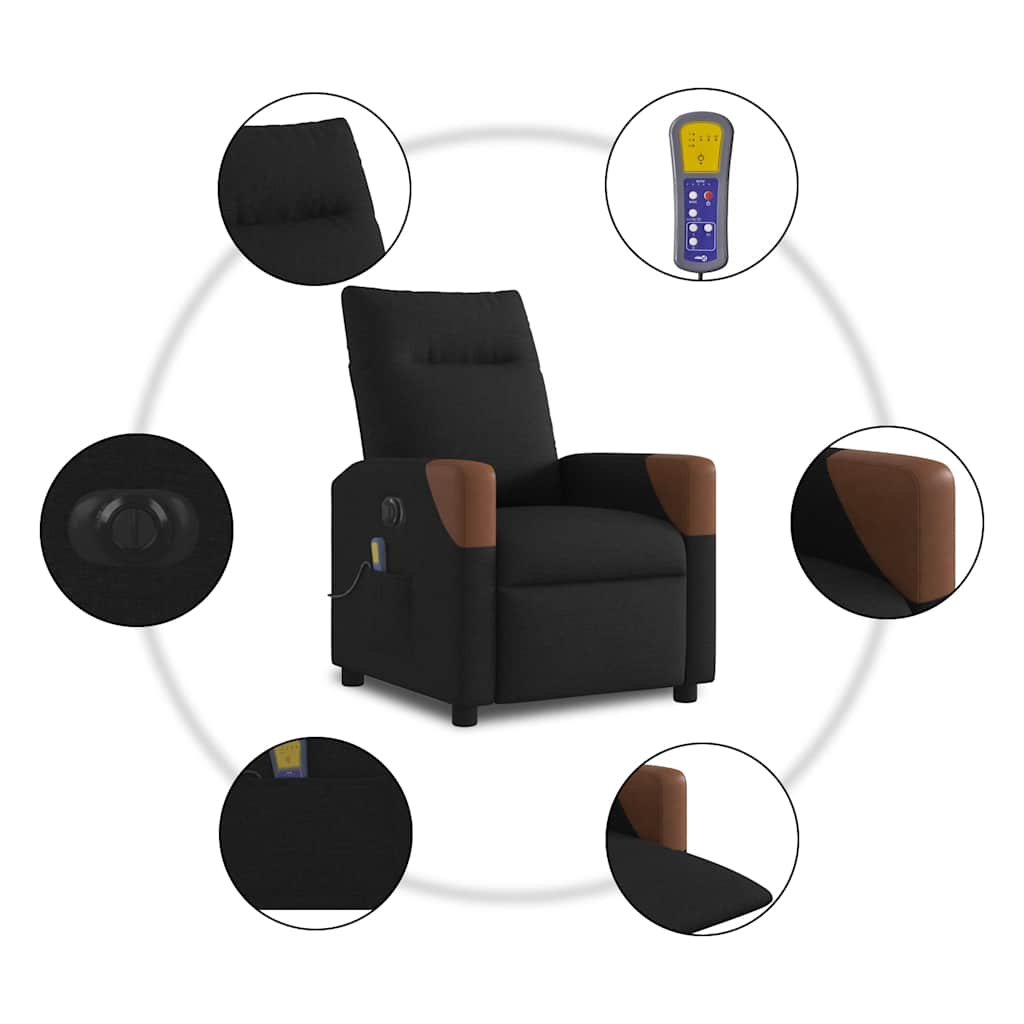 vidaXL Poltrona Massaggiante Reclinabile Elettrica Nera in Tessuto