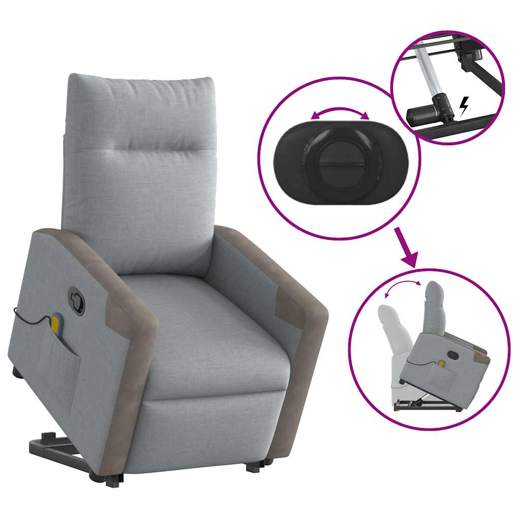 vidaXL Poltrona Alzapersona Massaggi Reclinabile Grigio Chiaro Tessuto