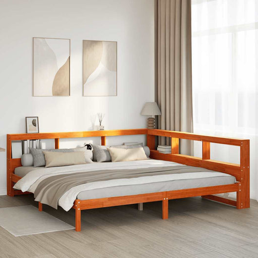 Letto Libreria senza Materasso-Struttura Letto con contenitore Marrone Cera 200x200 cm in Pino 544691