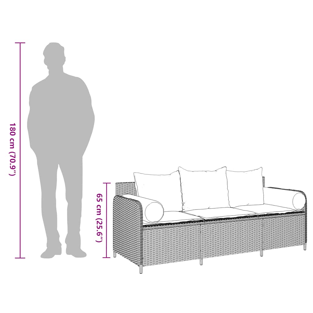 Divano da Giardino a 3 Posti con Cuscini Nero in Polyrattan 4104172