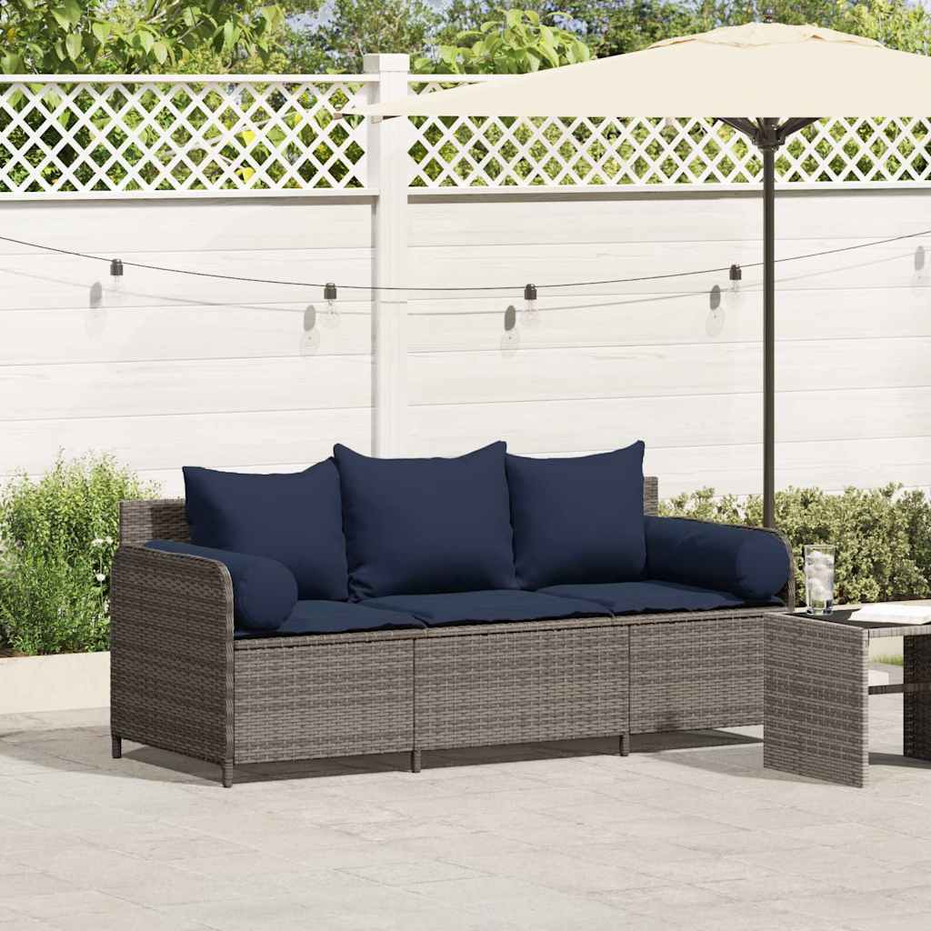 Divano da Giardino con Cuscini 3 Posti Grigio in Polyrattan