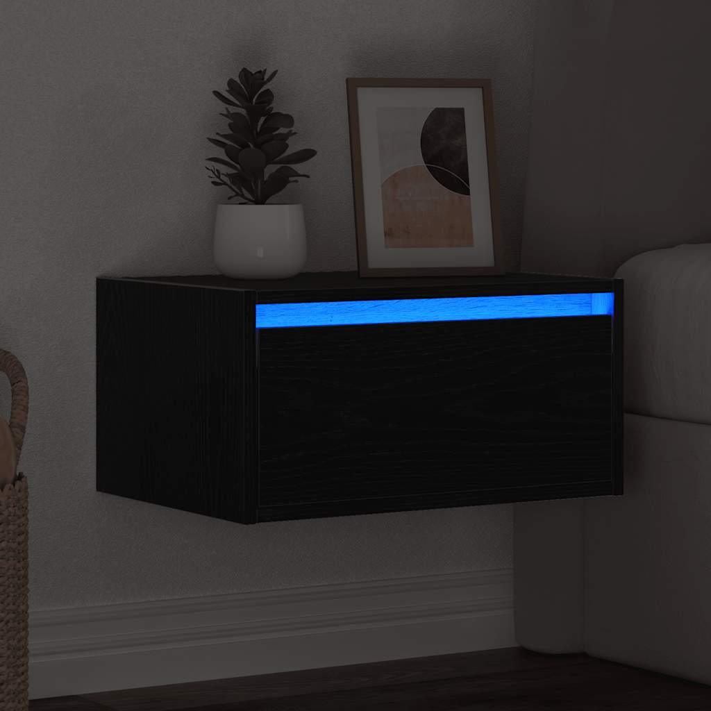 Comodino a Parete con Luci LED-Tavolino da notte sospeso Rovere Nero