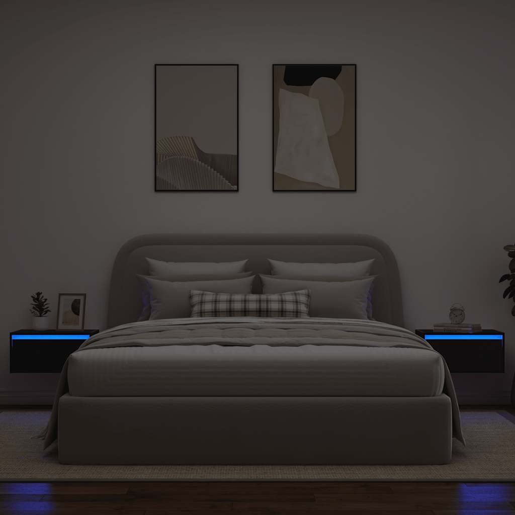 Comodini a Parete con Luci LED 2 pz-Set di 2 Tavolino da notte Rovere Neri