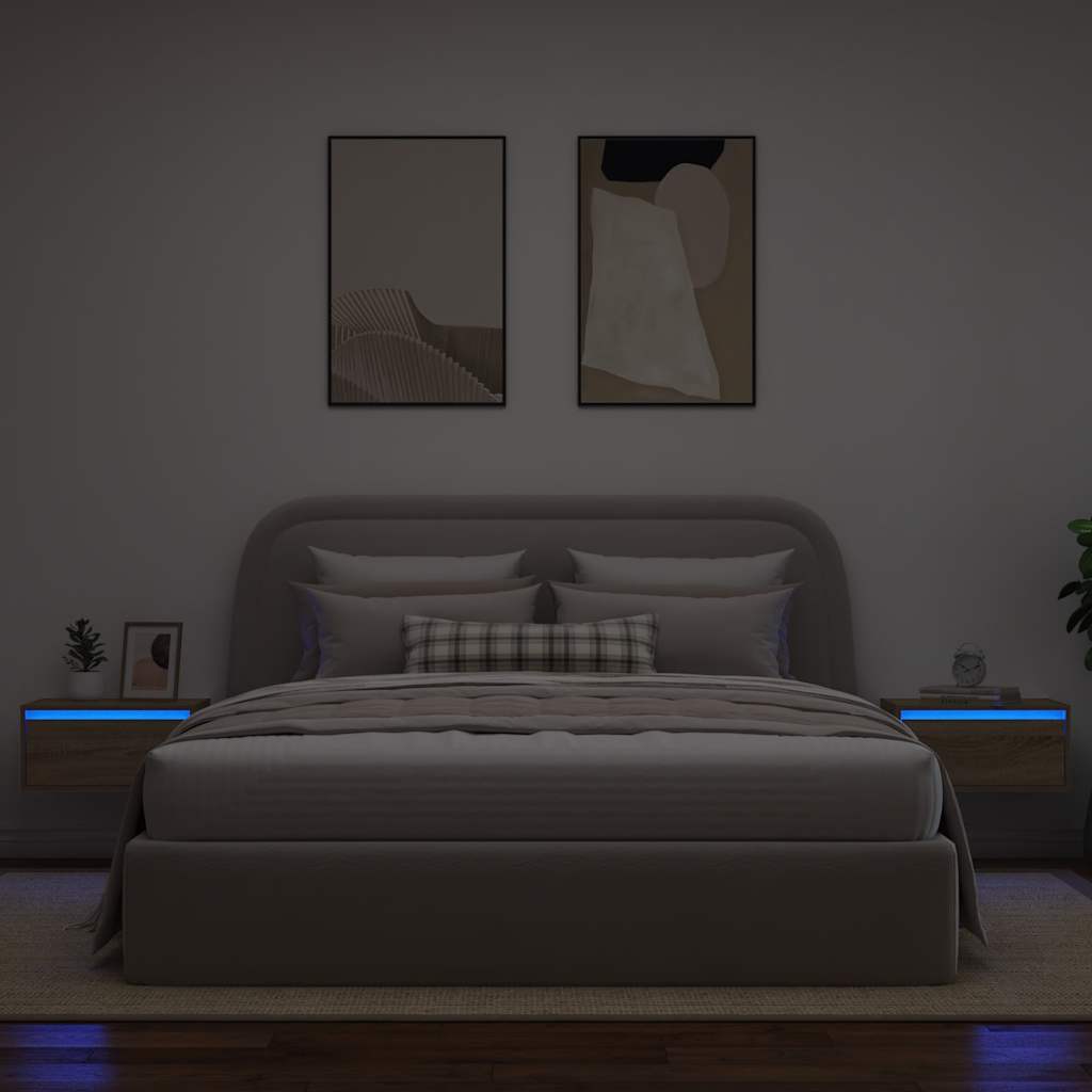 vidaXL Comodini a Parete con luci LED 2 pz Rovere Sonoma