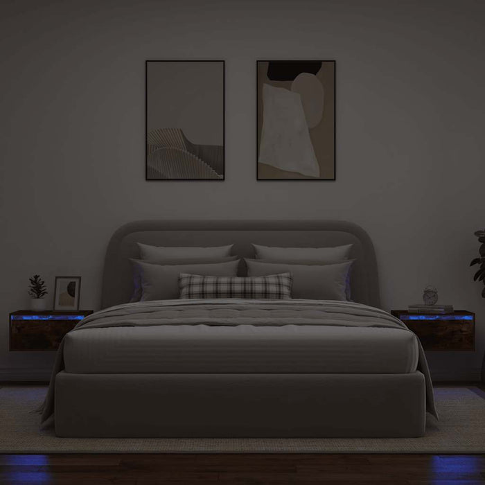 Comodini a Parete con luci LED 2 pz-Set di 2 Tavolino da notte Rovere Fumo 216505