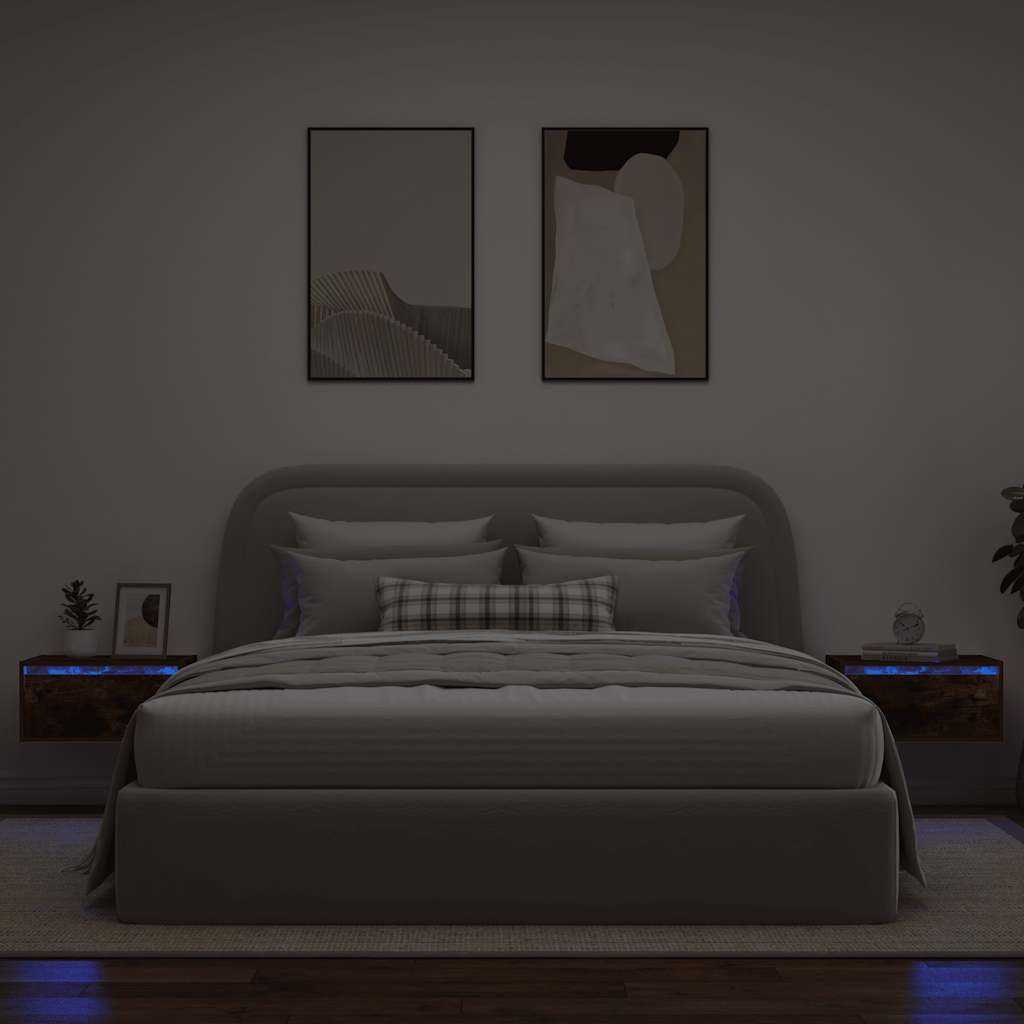 vidaXL Comodini a Parete con luci LED 2 pz Rovere Fumo