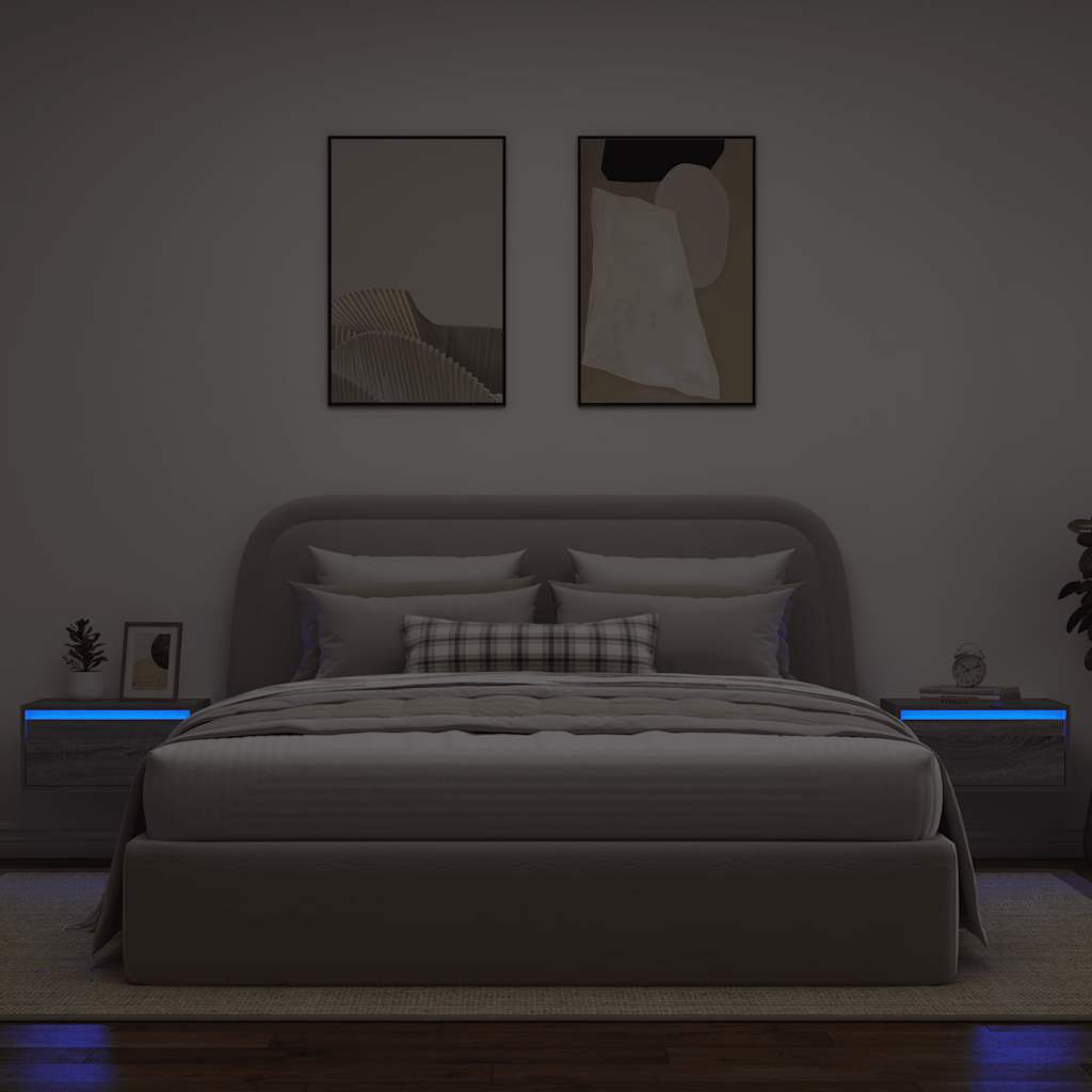 vidaXL Comodini a Parete con luci LED 2 pz Grigio Sonoma