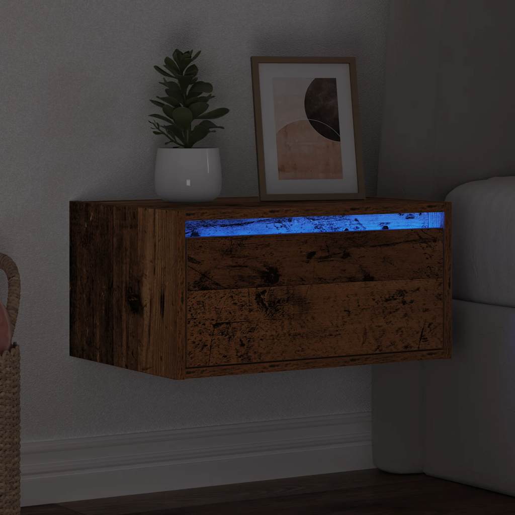 Comodino a Parete con Luci LED-Tavolino da notte sospeso Legno Antico