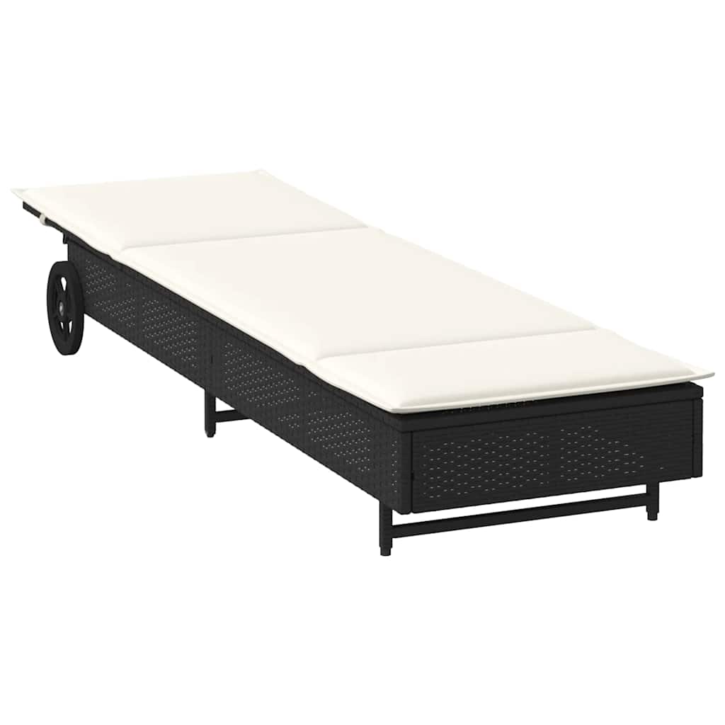 Lettino Prendisole con Ruote e Cuscino in Polyrattan Nero 4104033