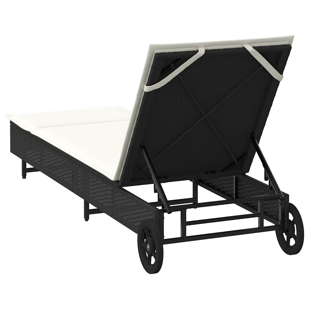 Lettino Prendisole con Ruote e Cuscino in Polyrattan Nero 4104033