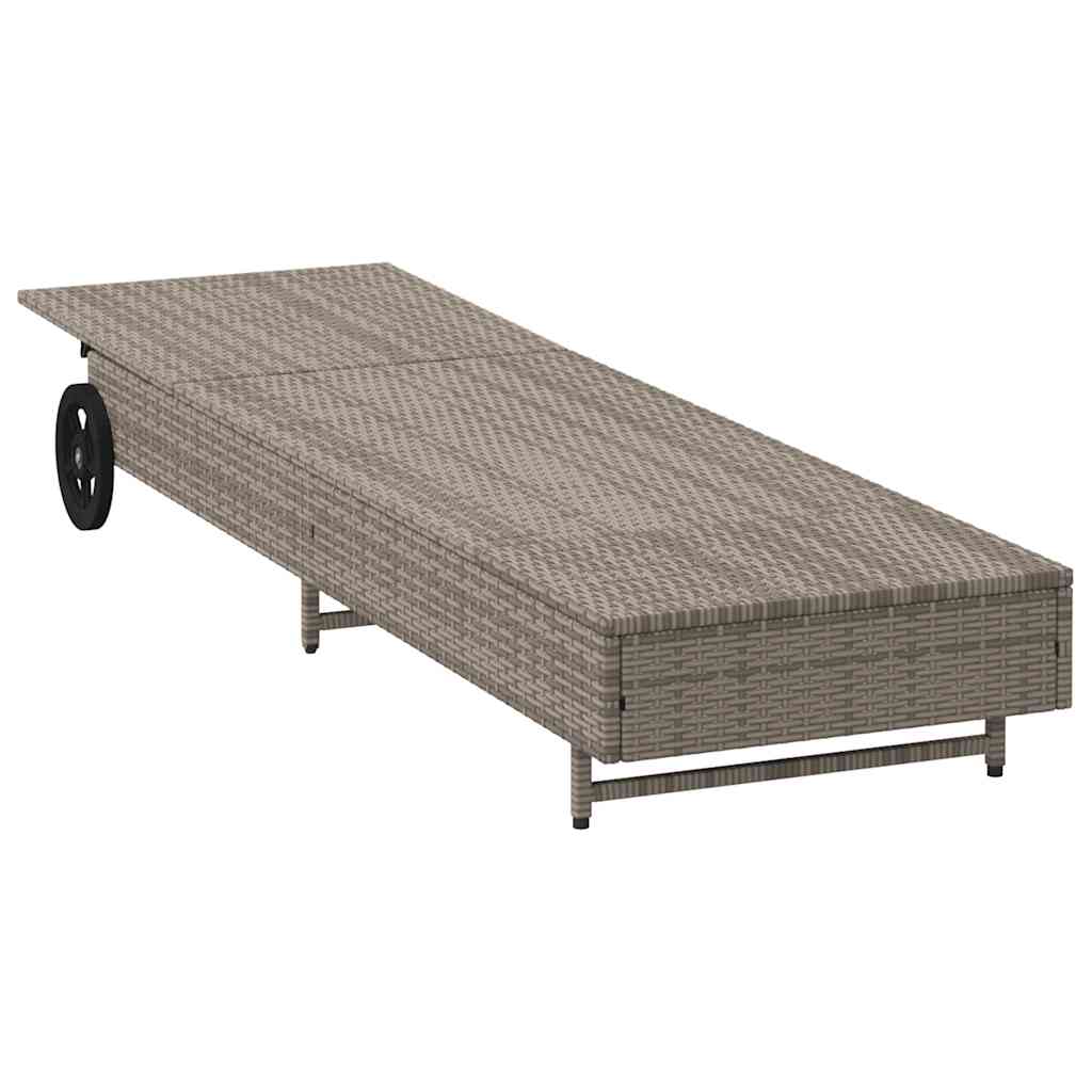 Lettino Prendisole con Ruote e Cuscino in Polyrattan Grigio