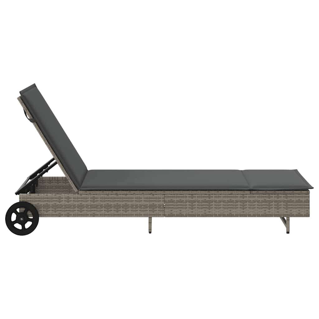 Lettino Prendisole con Ruote e Cuscino in Polyrattan Grigio