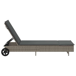 Lettino Prendisole con Ruote e Cuscino in Polyrattan Grigio
