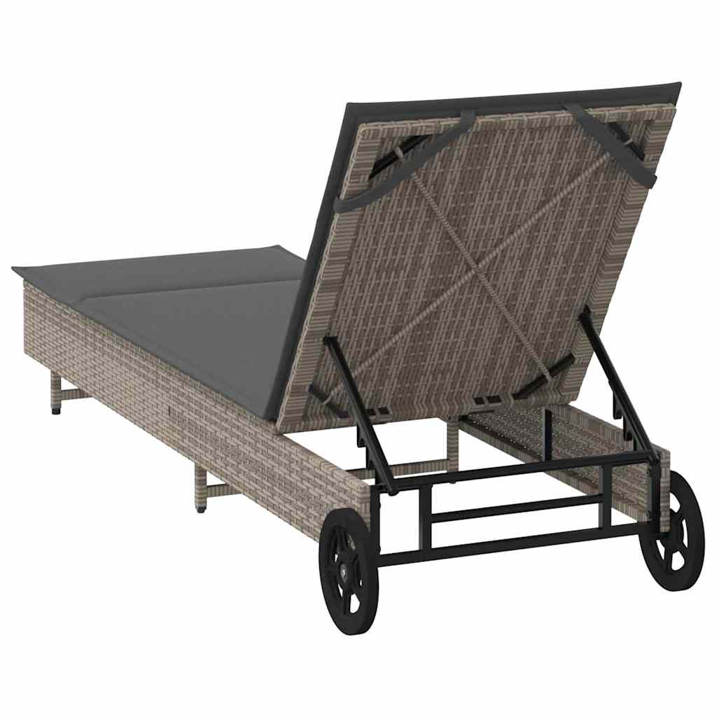 Lettino Prendisole con Ruote e Cuscino in Polyrattan Grigio