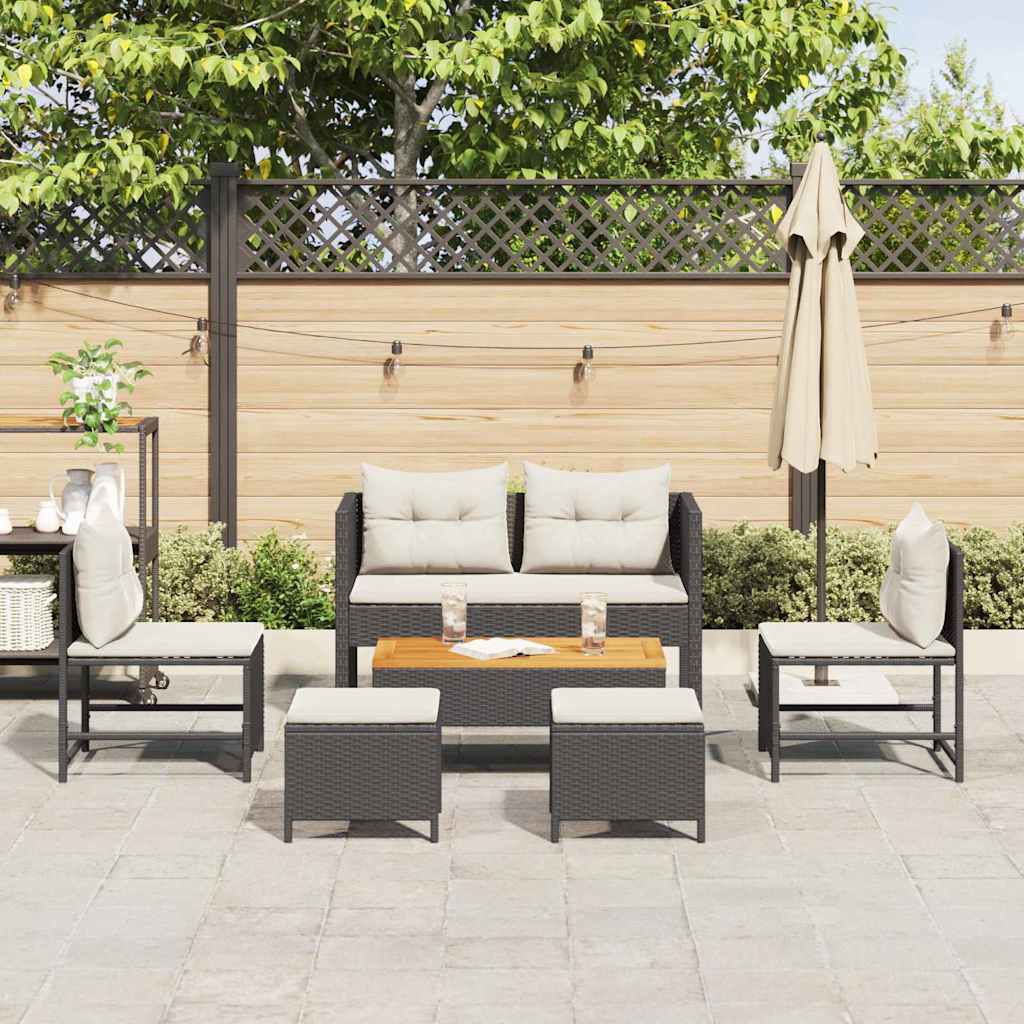 Set Divano da Giardino 6 pz-Sofa da Giardino-Divanetto da esterno Nero e Crema polyrattan