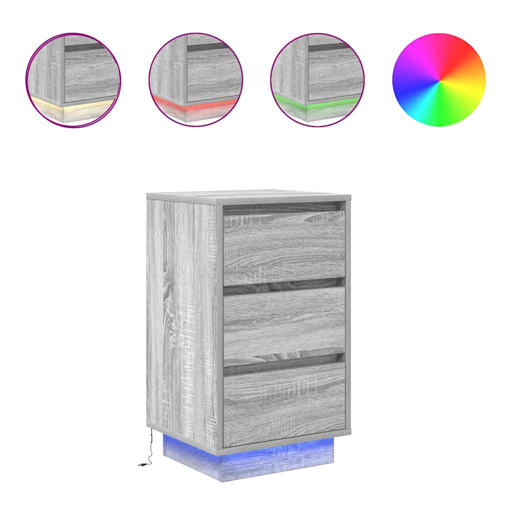 Comodino con Luci LED Grigio Sonoma 38x34x65 cm