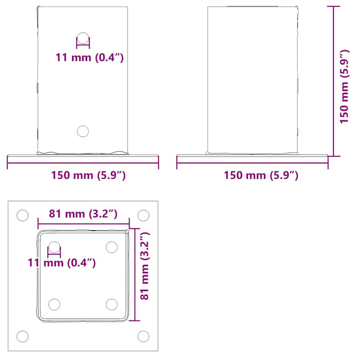 vidaXL Basi per Pali Quadrati 4 pz 81x81 mm Acciaio Verniciato Polvere
