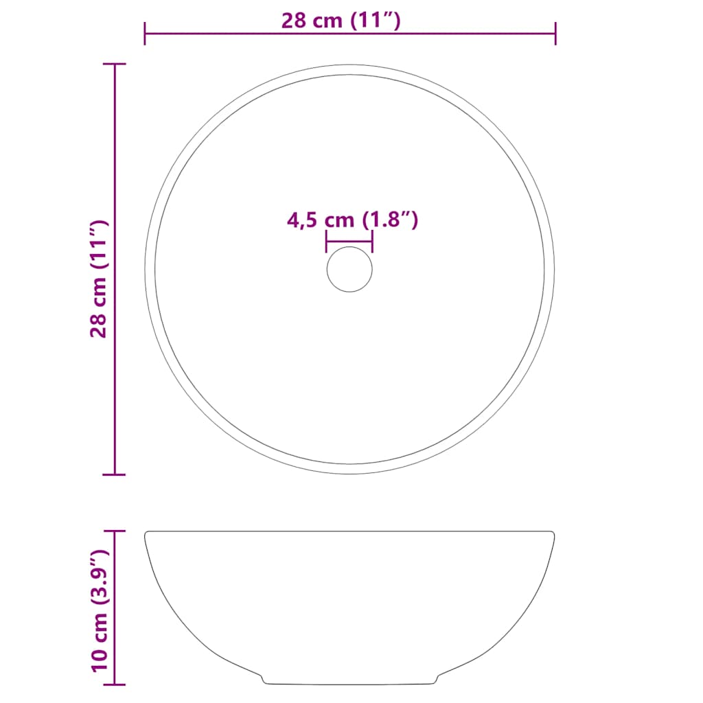vidaXL Lavandino Ø28x10 cm in Ceramica Nero Lucido