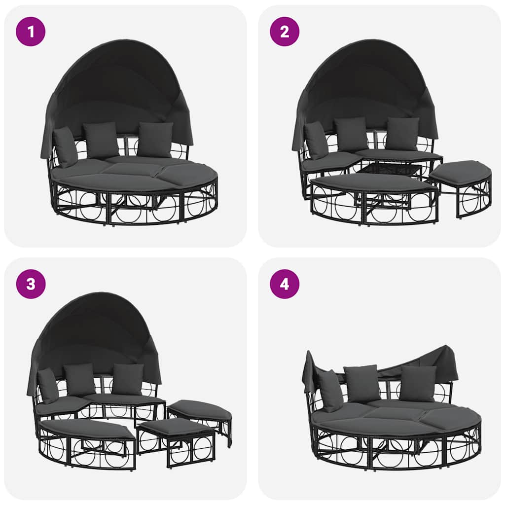 Lettino Prendisole Esterno Tetto e Cuscini Nero in Polyrattan