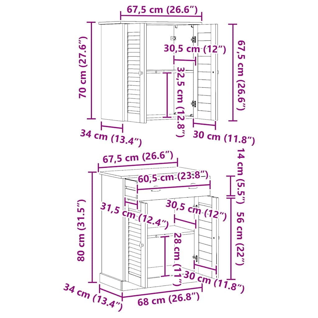 vidaXL Set di mobili per il bagno VIGO 2 pcs Marrone 67.5 x 34 x 80 cm