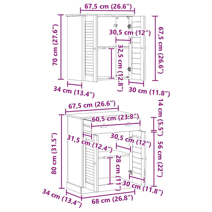 vidaXL Set di mobili per il bagno VIGO 2 pcs Marrone 67.5 x 34 x 80 cm