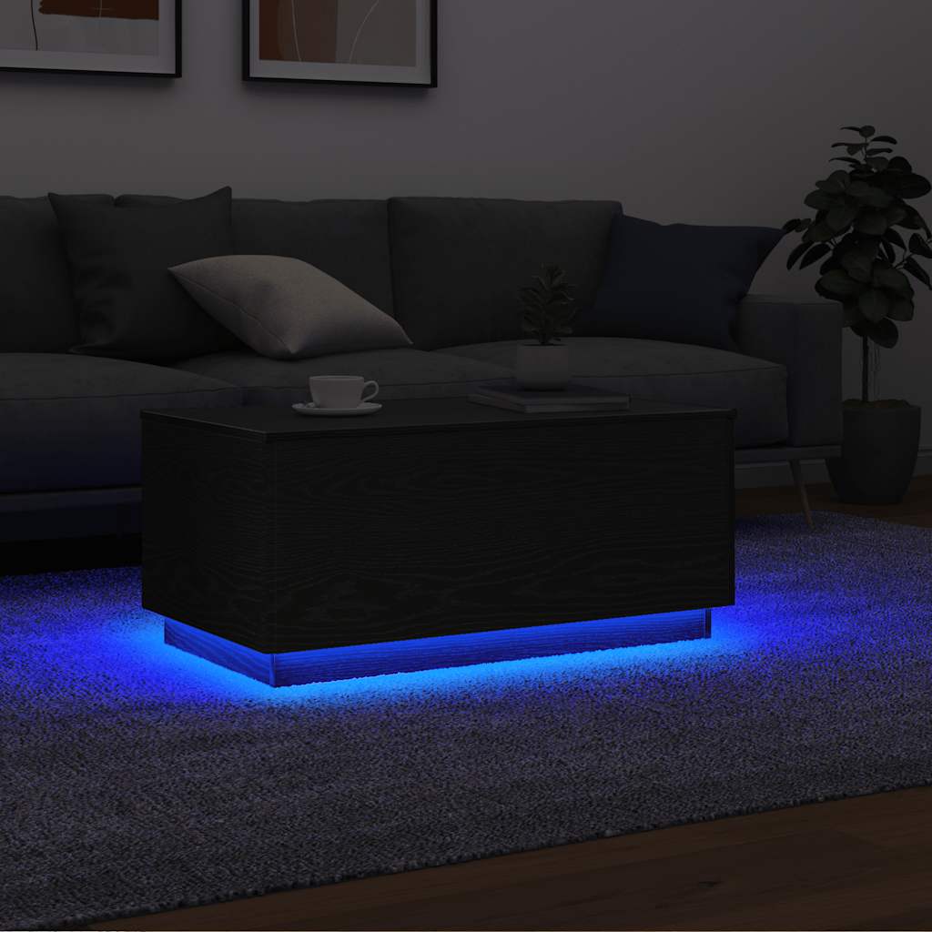 Tavolino da Soggiorno con Luci LED Rovere Nero 90x49x40 cm