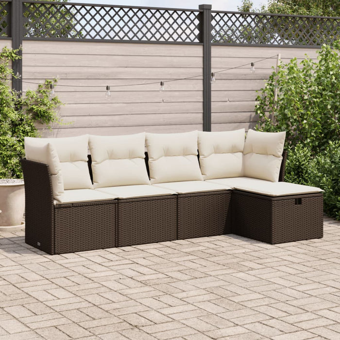 Set Divano da Giardino 5 pz con Cuscini Marrone in Polyrattan