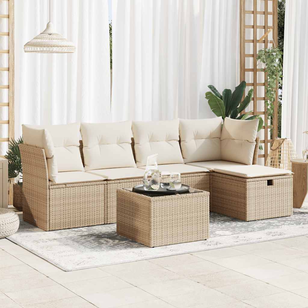 Set Divano da Giardino 6 pz con Cuscini Beige in Polyrattan