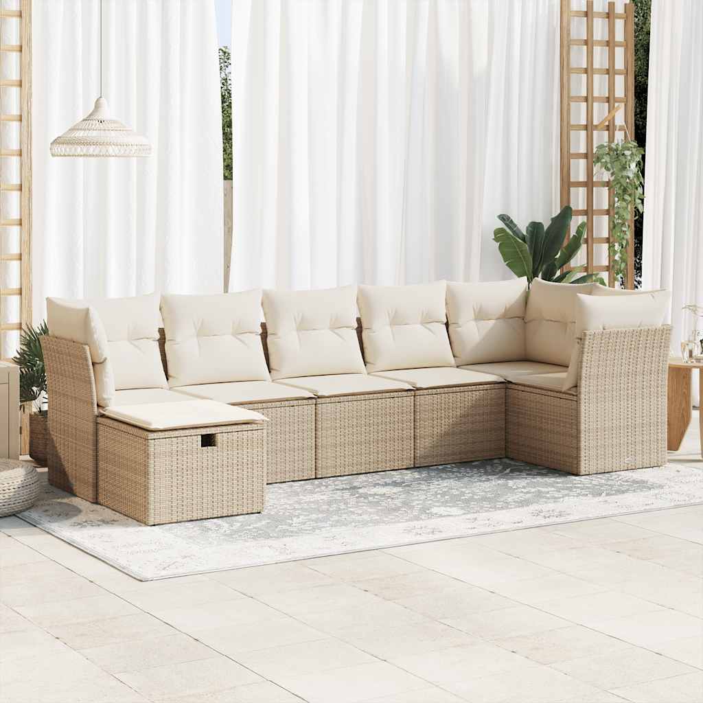 Set Divani da Giardino 7 pz con Cuscini Beige in Polyrattan