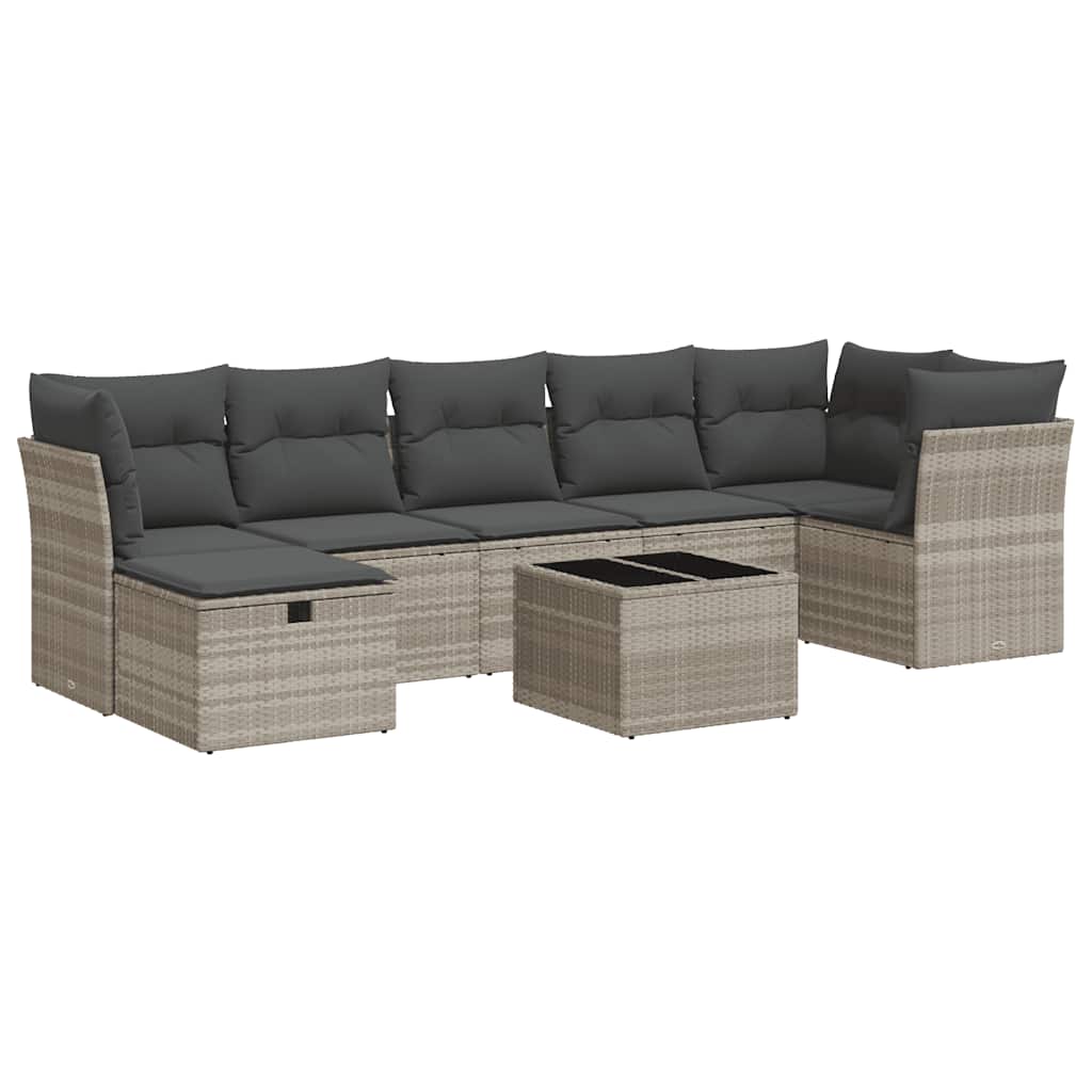 Set Divano da Giardino 8pz con Cuscini Grigio Chiaro Polyrattan