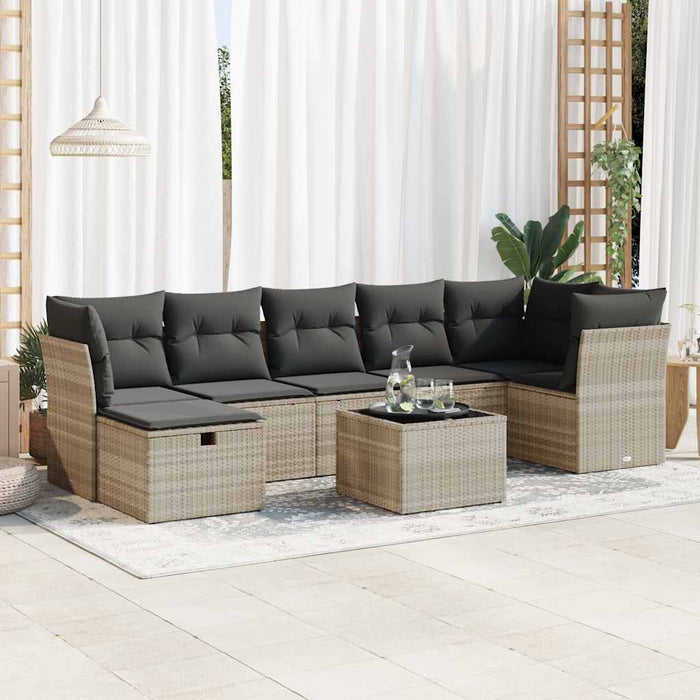 Set Divano da Giardino 8pz con Cuscini Grigio Chiaro Polyrattan