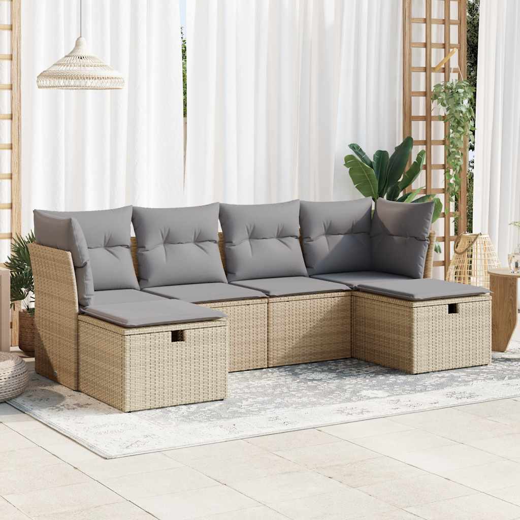 Set Divano da Giardino 6 pz con Cuscini Beige in Polyrattan