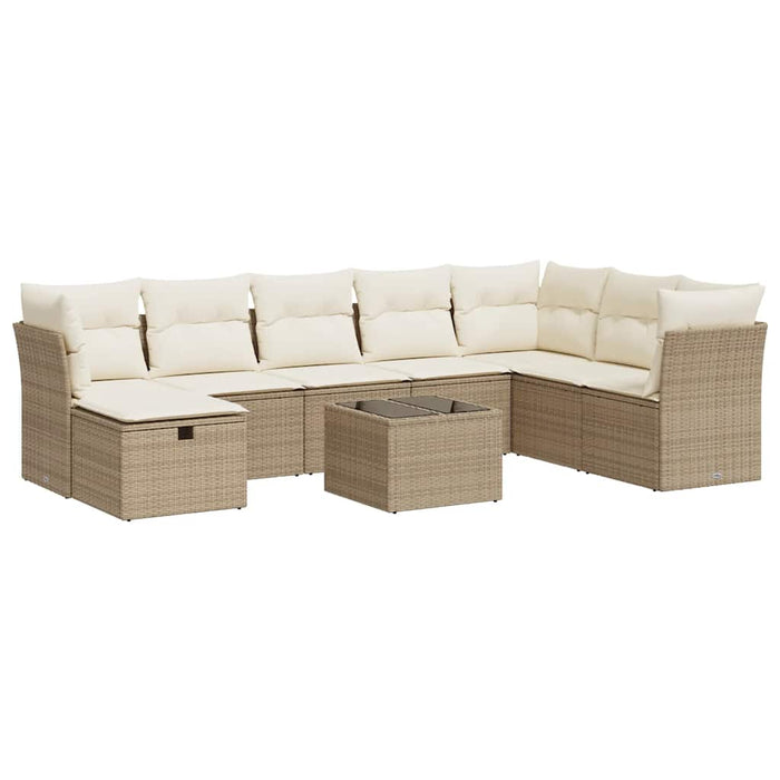 Set Divano da Giardino 9 pz con Cuscini Beige in Polyrattan